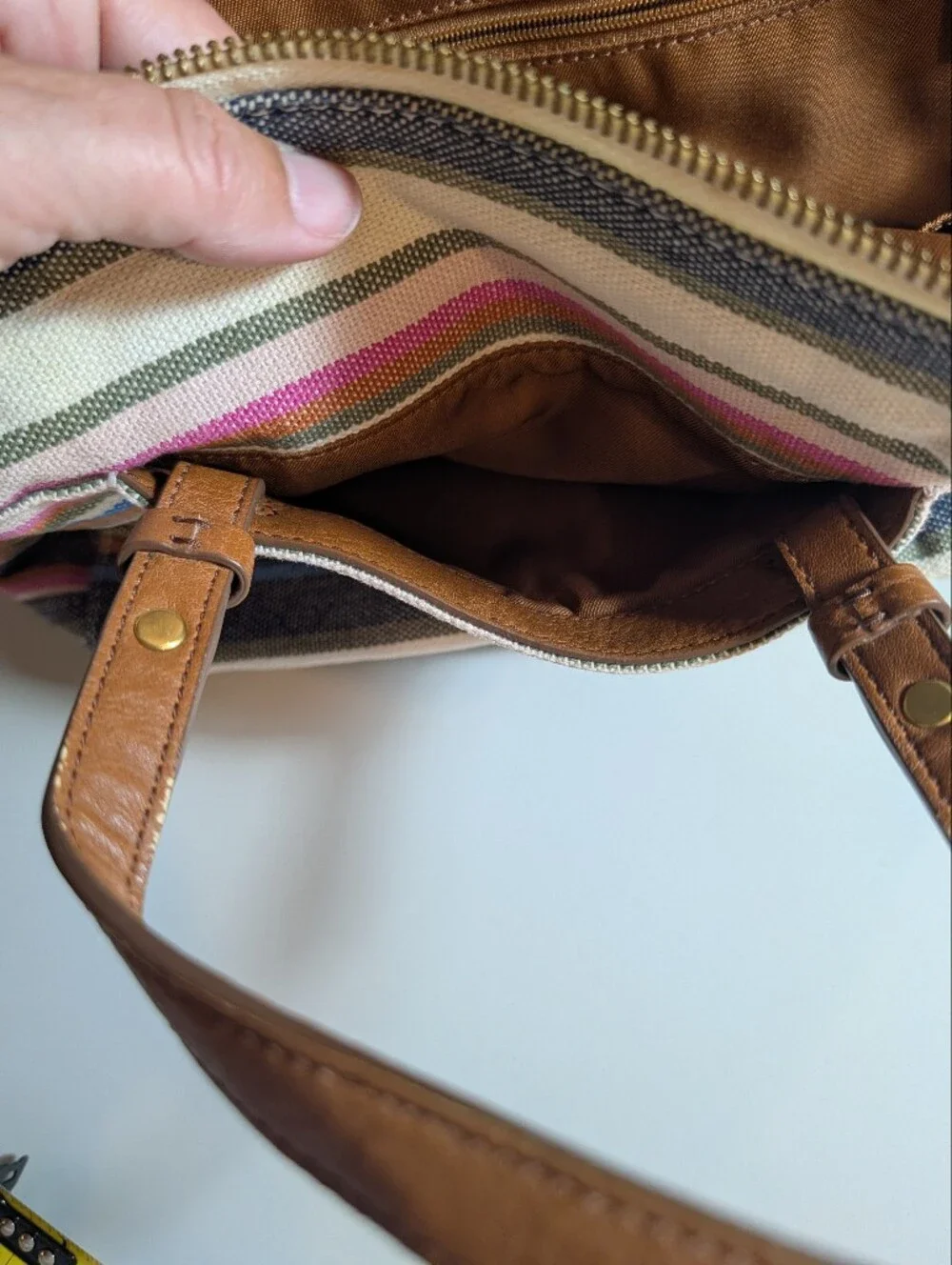 Fossil Striped Canvas Satchel with Tan Leather Accents
